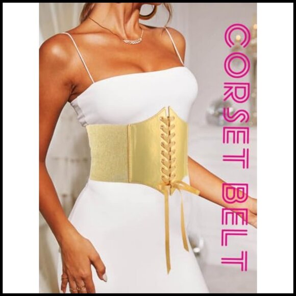 Gold Lace-Up Corset Belt Wide Elastic Waist Renaissance Costume Accessory